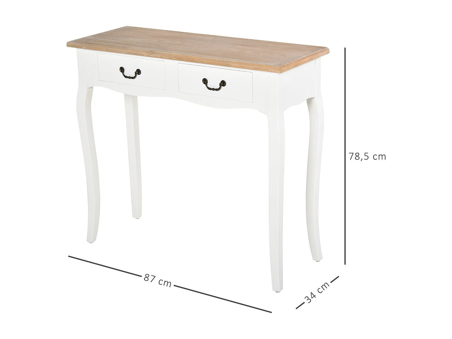Console style table de drapier style shabby chic 2 tiroirs dim. 87L x 34l x 78H cm MDF bois massif pin clair blanc