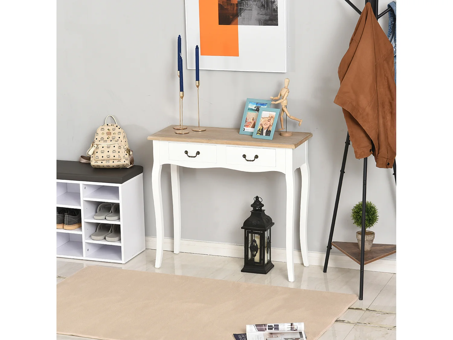 Console style table de drapier style shabby chic 2 tiroirs dim. 87L x 34l x 78H cm MDF bois massif pin clair blanc