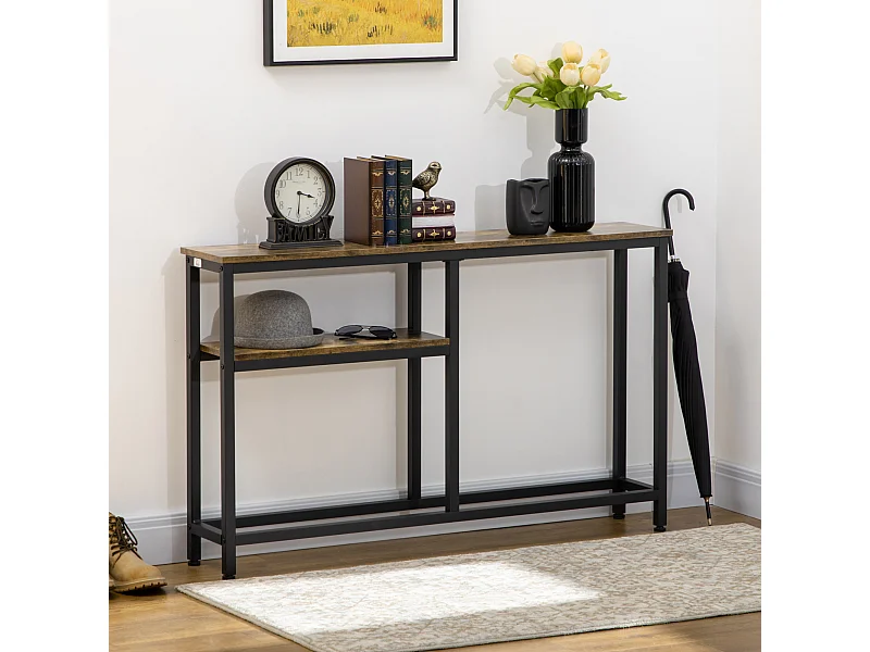 Console design industriel 2 étagères acier noir panneaux aspect bois vieilli