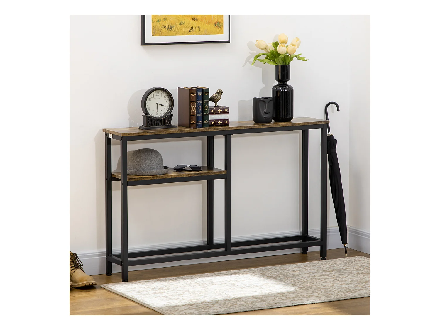 Console design industriel 2 étagères acier noir panneaux aspect bois vieilli