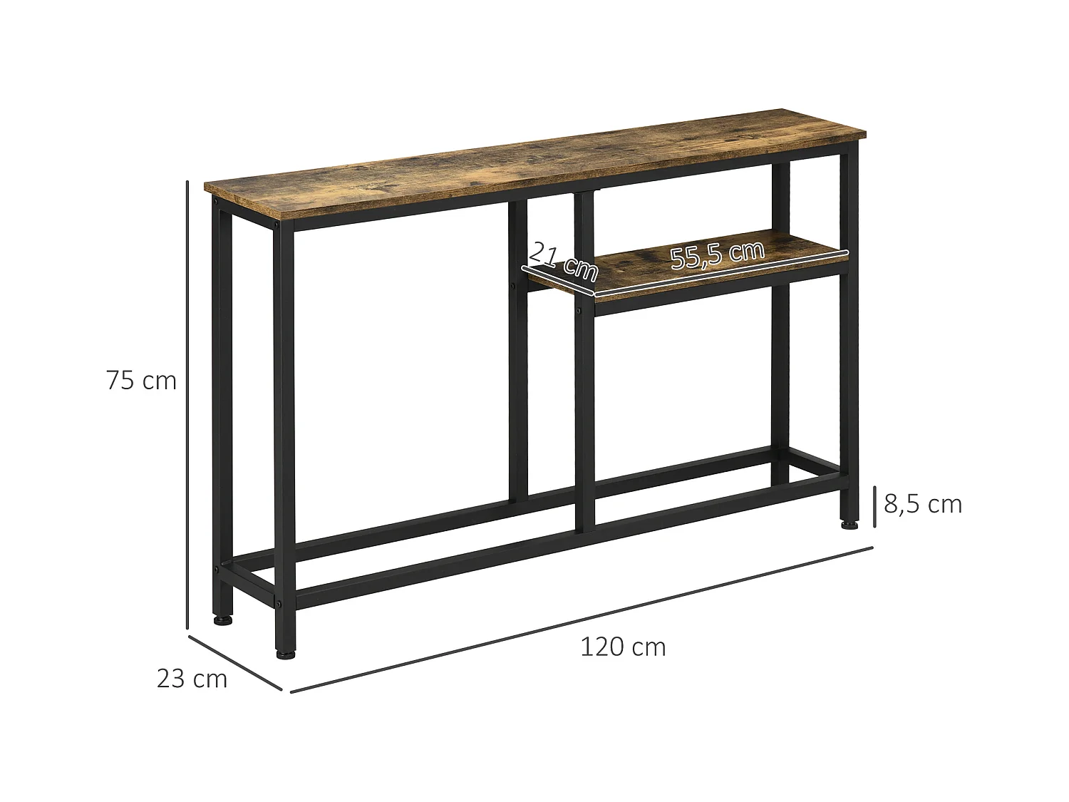 Console design industriel 2 étagères acier noir panneaux aspect bois vieilli