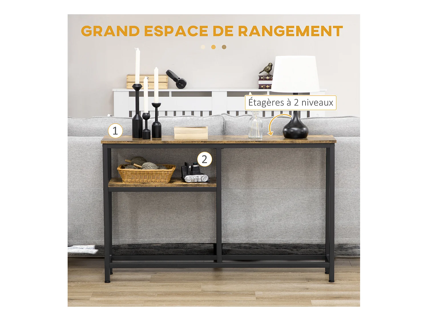 Console design industriel 2 étagères acier noir panneaux aspect bois vieilli