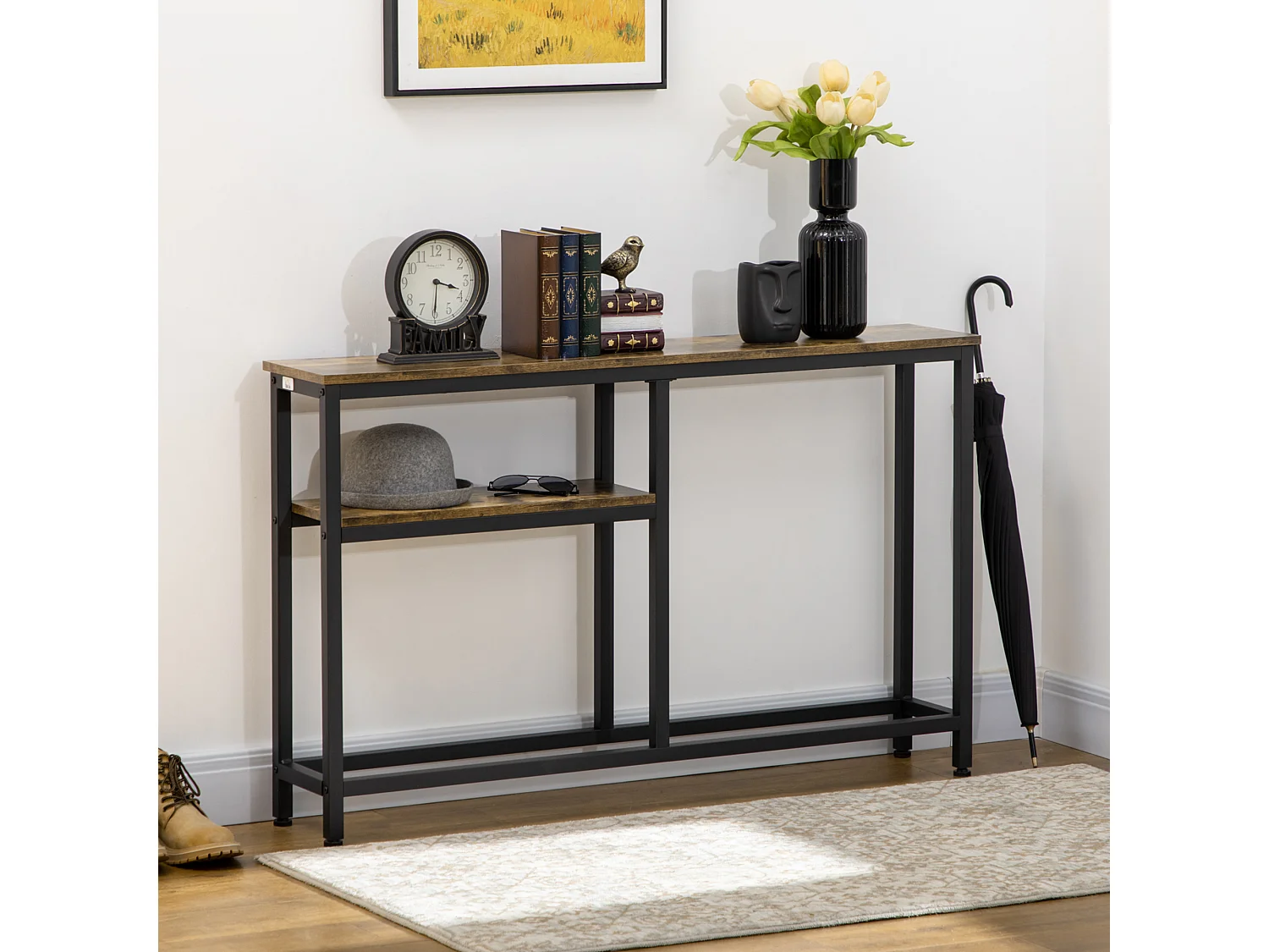 Console design industriel 2 étagères acier noir panneaux aspect bois vieilli