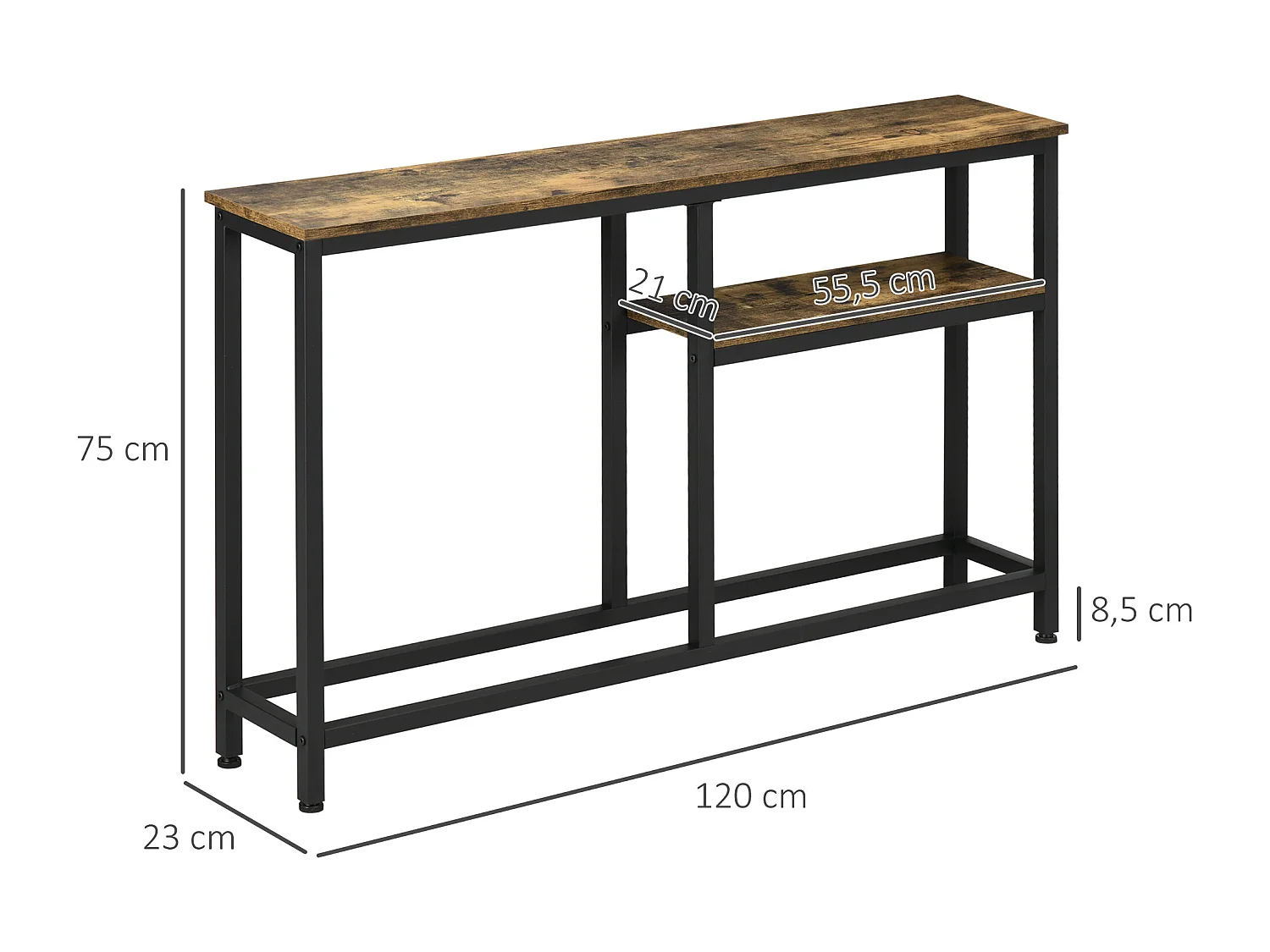 Console design industriel 2 étagères acier noir panneaux aspect bois vieilli