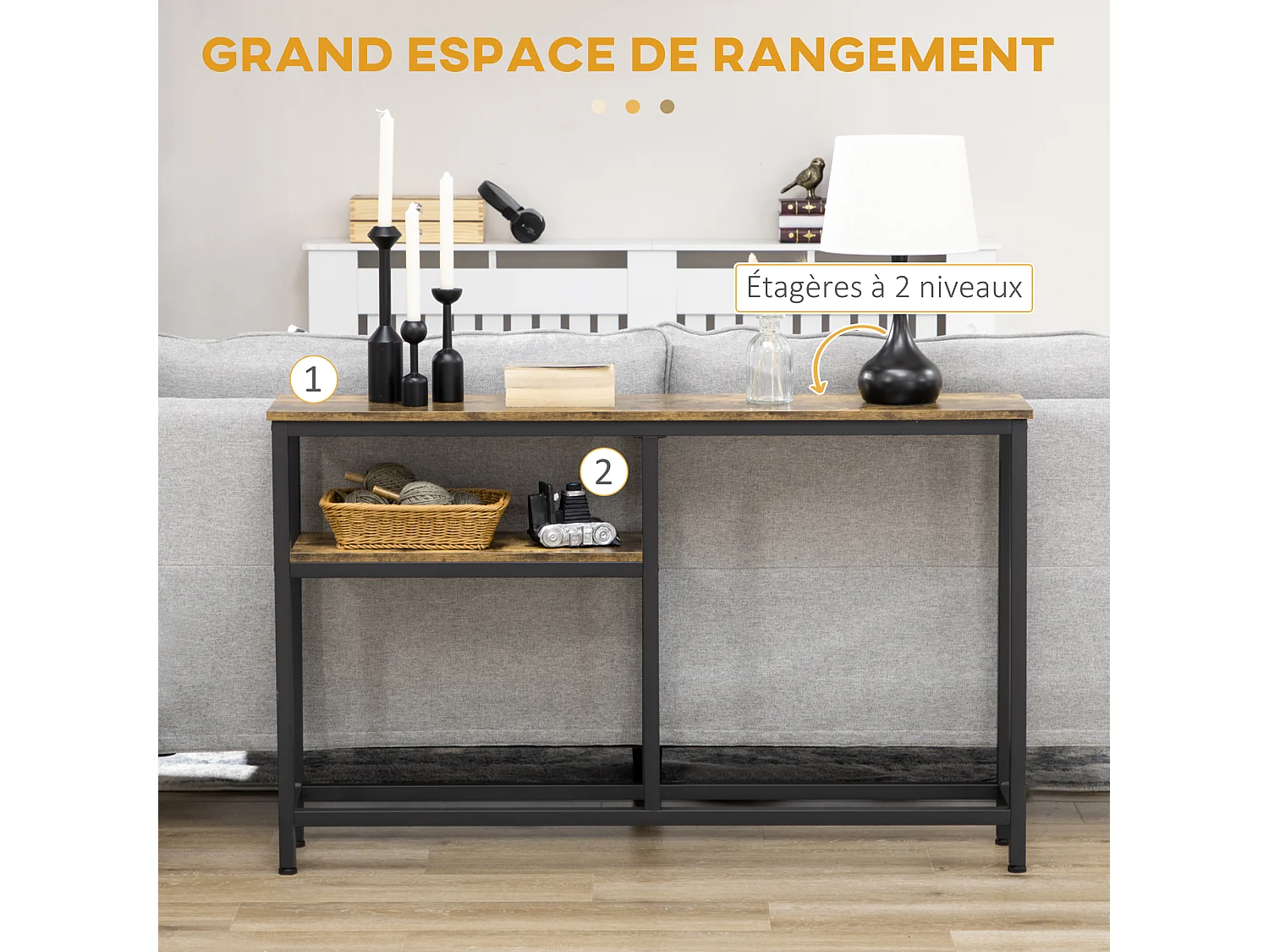 Console design industriel 2 étagères acier noir panneaux aspect bois vieilli