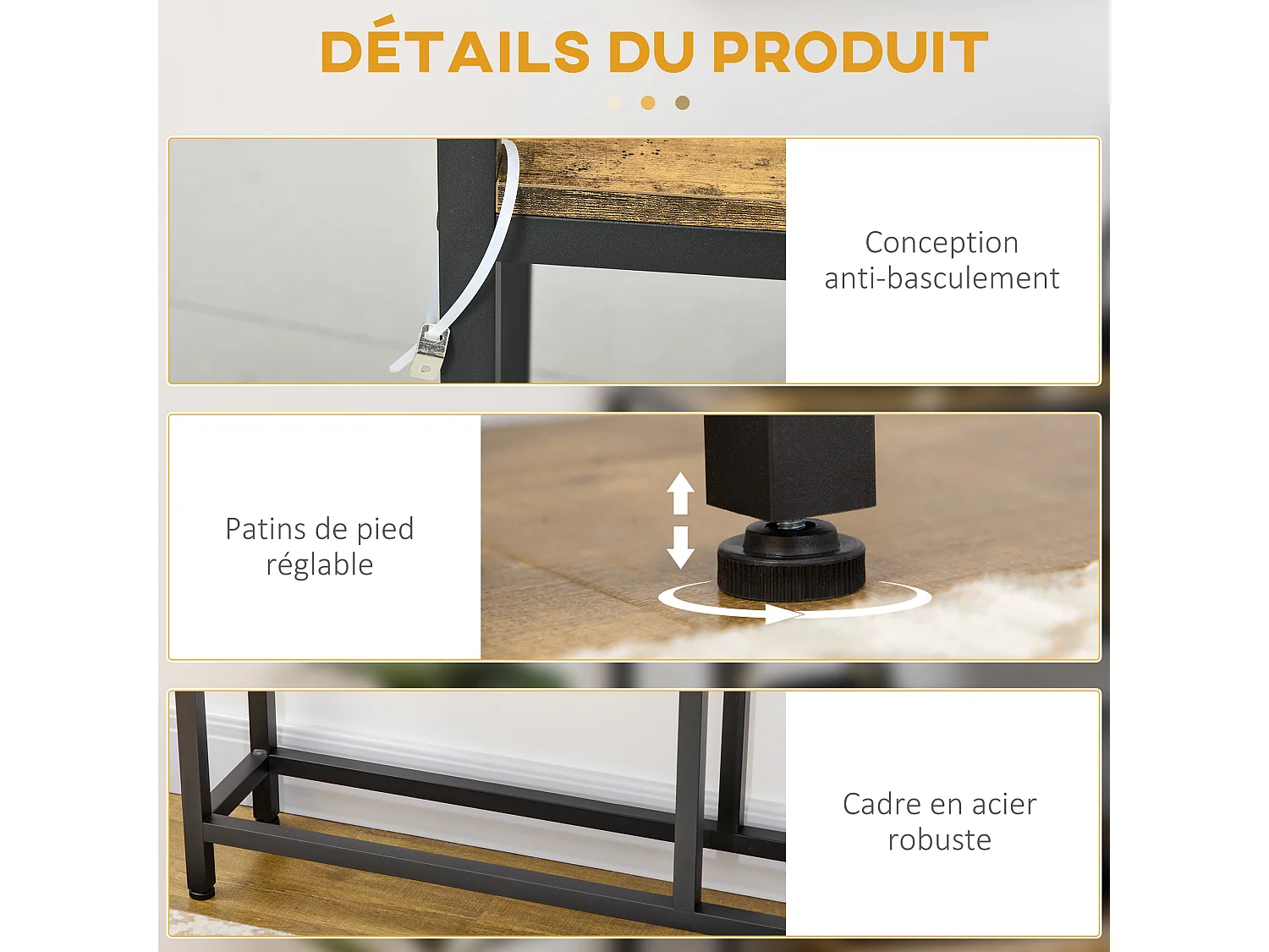 Console design industriel 2 étagères acier noir panneaux aspect bois vieilli