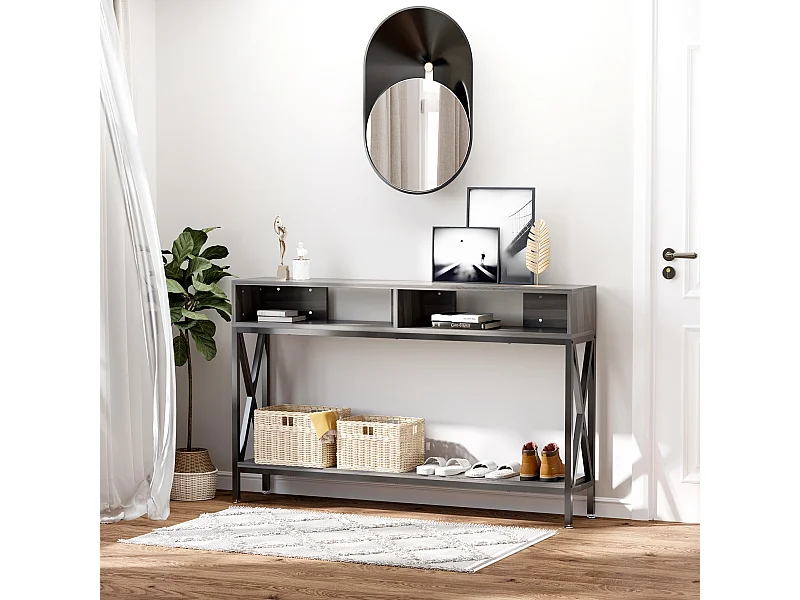Table Console Table d'Entrée Industriel Multi-rangements 120 x 23,5 x 75 cm Bois Gris