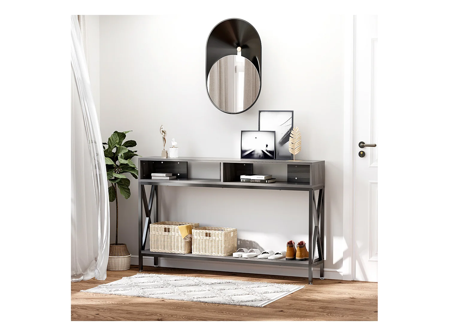 Table Console Table d'Entrée Industriel Multi-rangements 120 x 23,5 x 75 cm Bois Gris