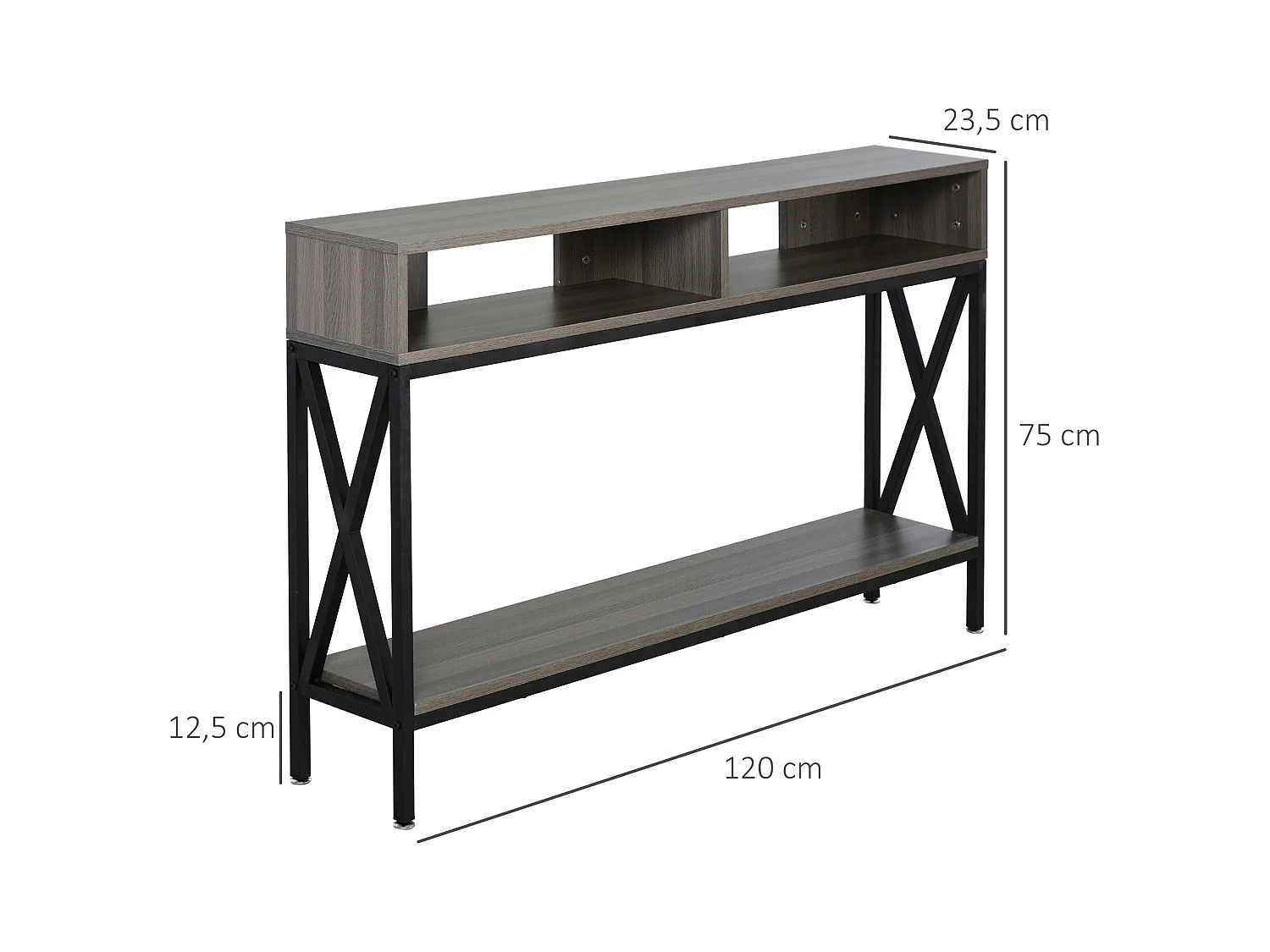 Table Console Table d'Entrée Industriel Multi-rangements 120 x 23,5 x 75 cm Bois Gris