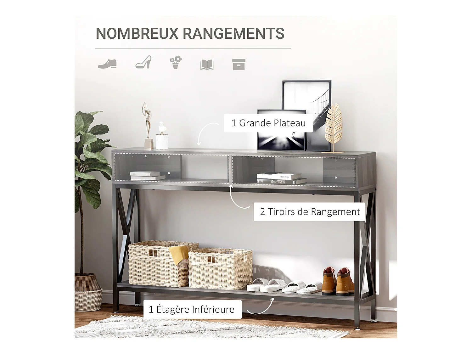 Table Console Table d'Entrée Industriel Multi-rangements 120 x 23,5 x 75 cm Bois Gris