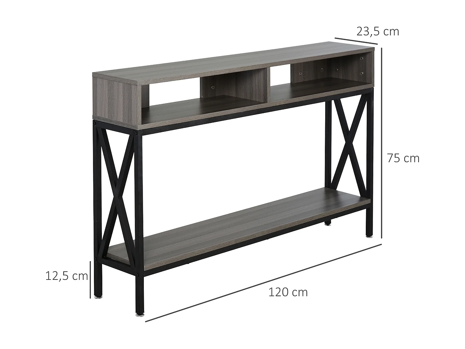 Table Console Table d'Entrée Industriel Multi-rangements 120 x 23,5 x 75 cm Bois Gris