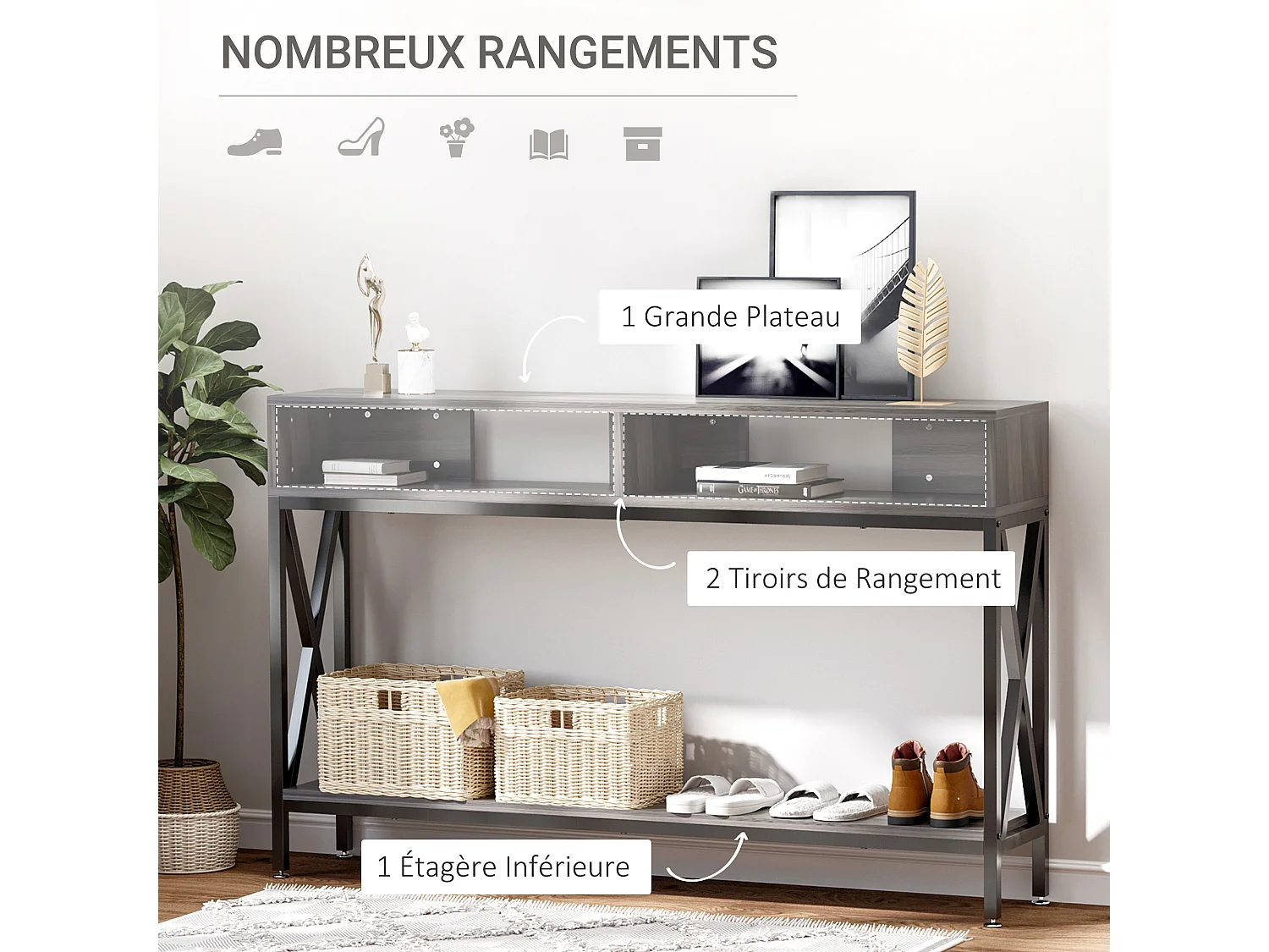 Table Console Table d'Entrée Industriel Multi-rangements 120 x 23,5 x 75 cm Bois Gris