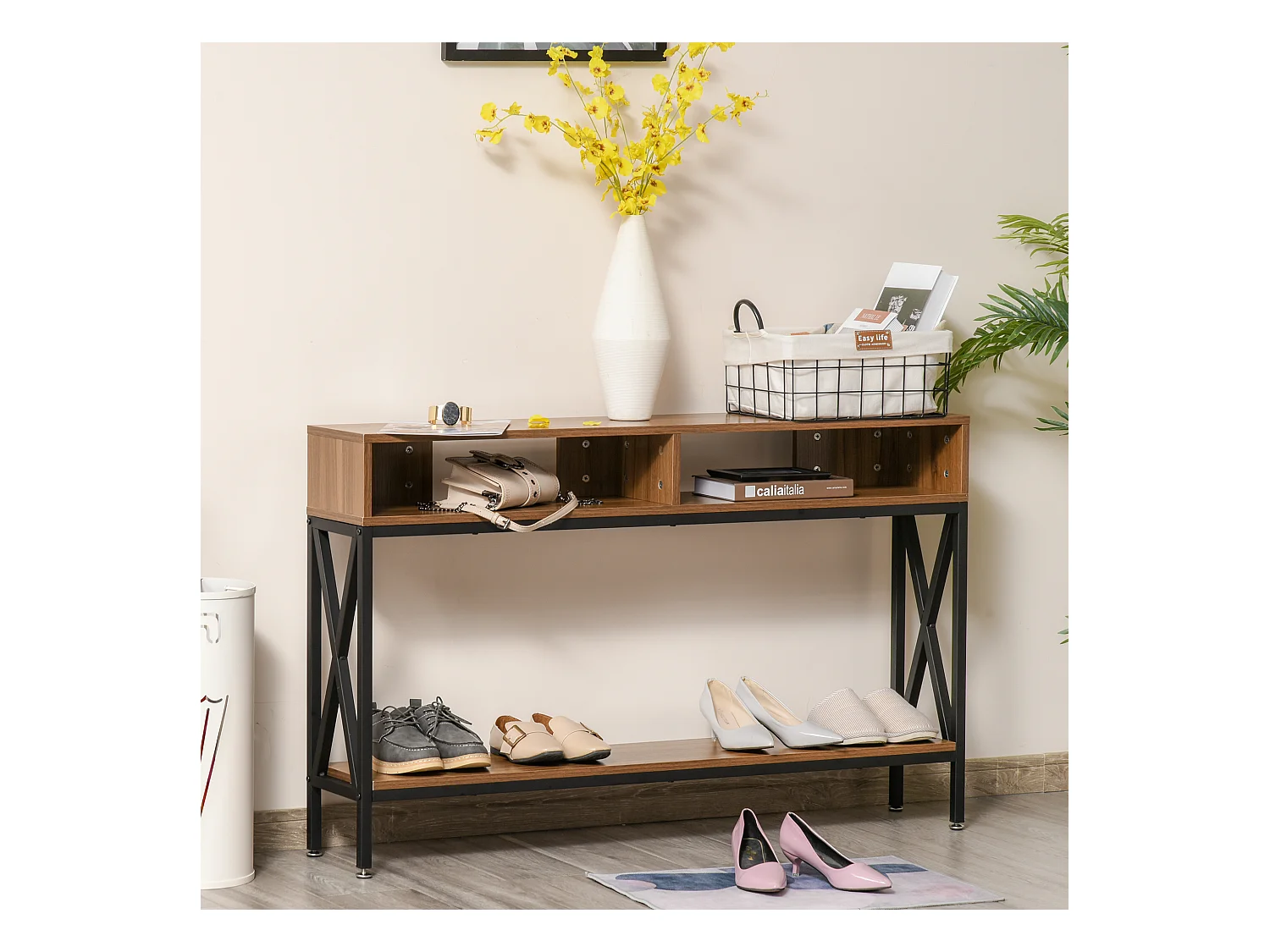 Table Console Table d'Entrée Industriel Multi-rangements 120 x 23,5 x 75 cm Bois Noyer