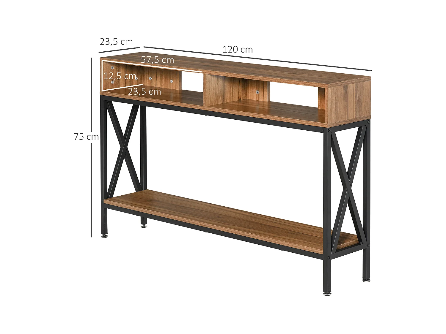 Table Console Table d'Entrée Industriel Multi-rangements 120 x 23,5 x 75 cm Bois Noyer