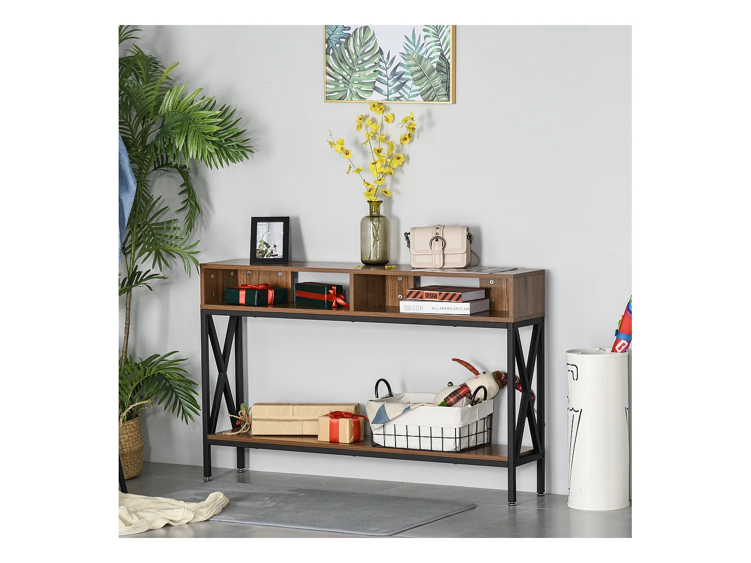 Table Console Table d'Entrée Industriel Multi-rangements 120 x 23,5 x 75 cm Bois Noyer