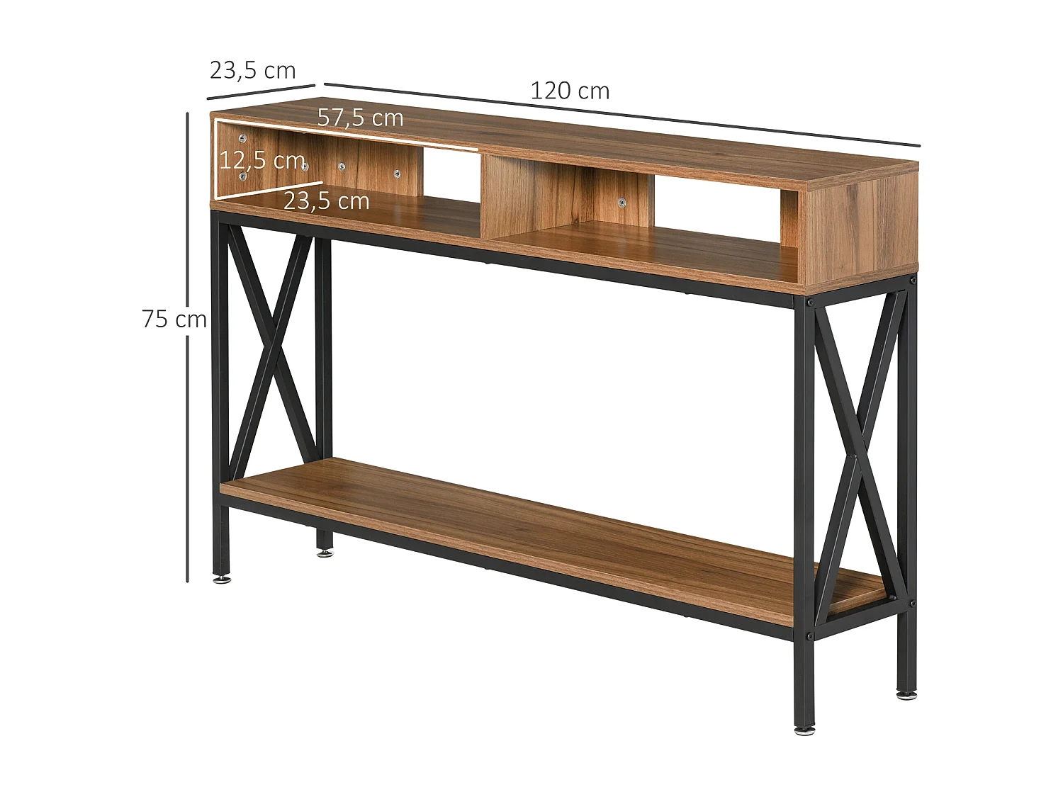 Table Console Table d'Entrée Industriel Multi-rangements 120 x 23,5 x 75 cm Bois Noyer