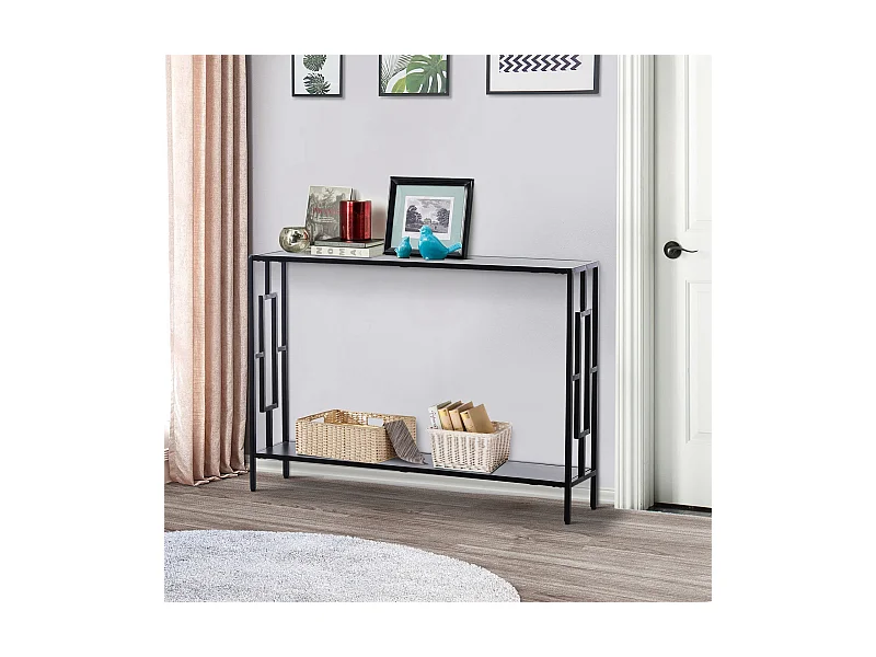 Console table d'appoint design industriel dim. 106L x 23l x 76H cm étagère acier noir panneaux particules bois gris