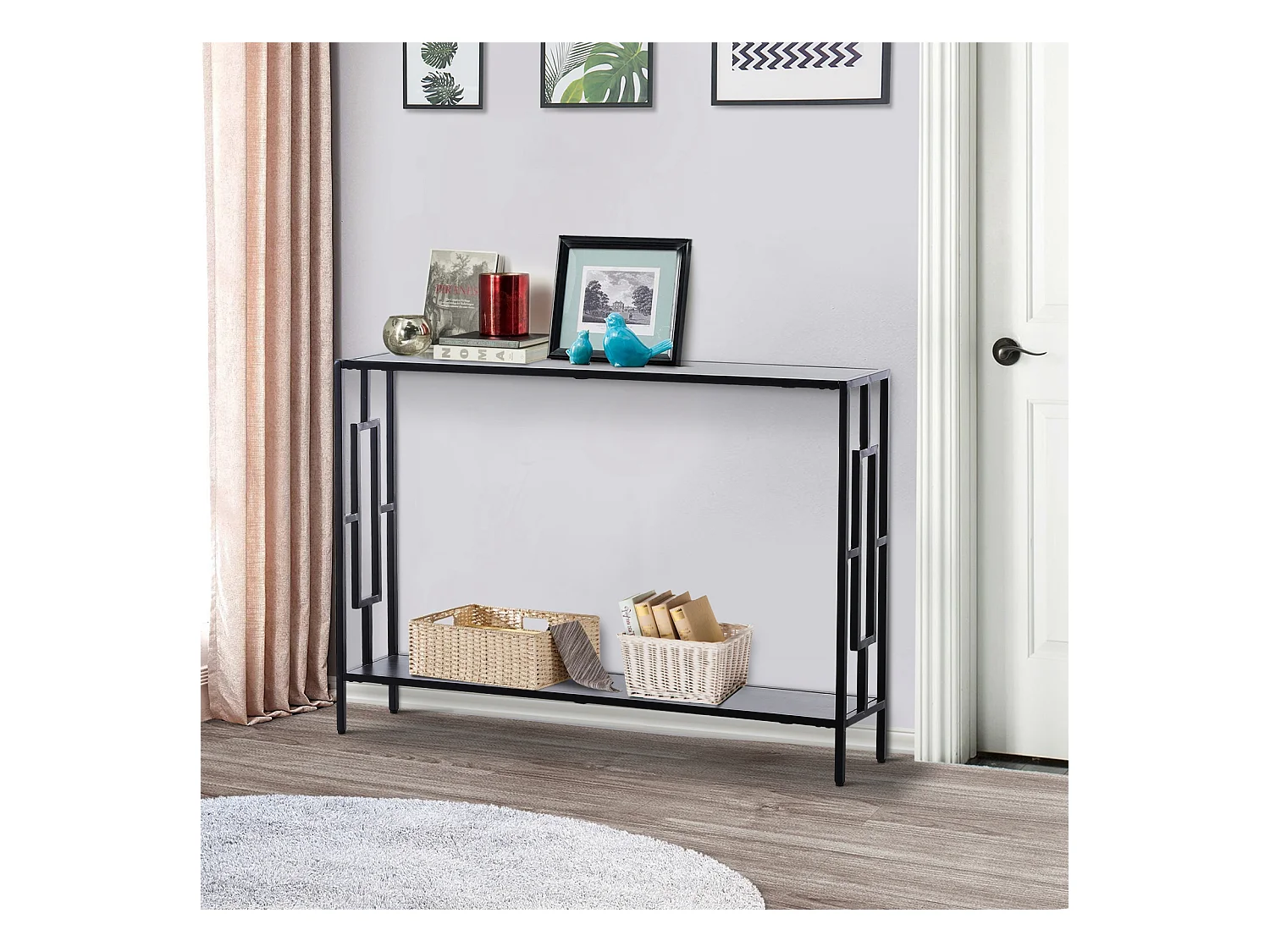 Console table d'appoint design industriel dim. 106L x 23l x 76H cm étagère acier noir panneaux particules bois gris