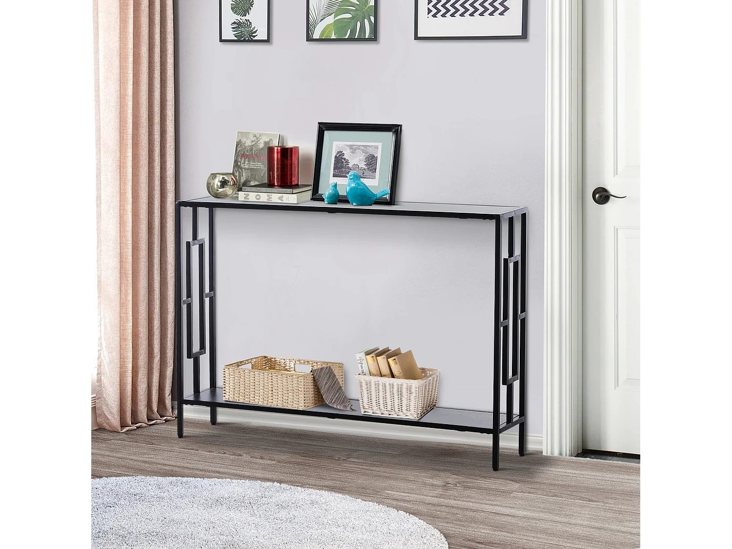 Console table d'appoint design industriel dim. 106L x 23l x 76H cm étagère acier noir panneaux particules bois gris