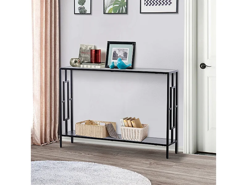 Console table d'appoint design industriel dim. 106L x 23l x 76H cm étagère acier noir panneaux particules bois gris