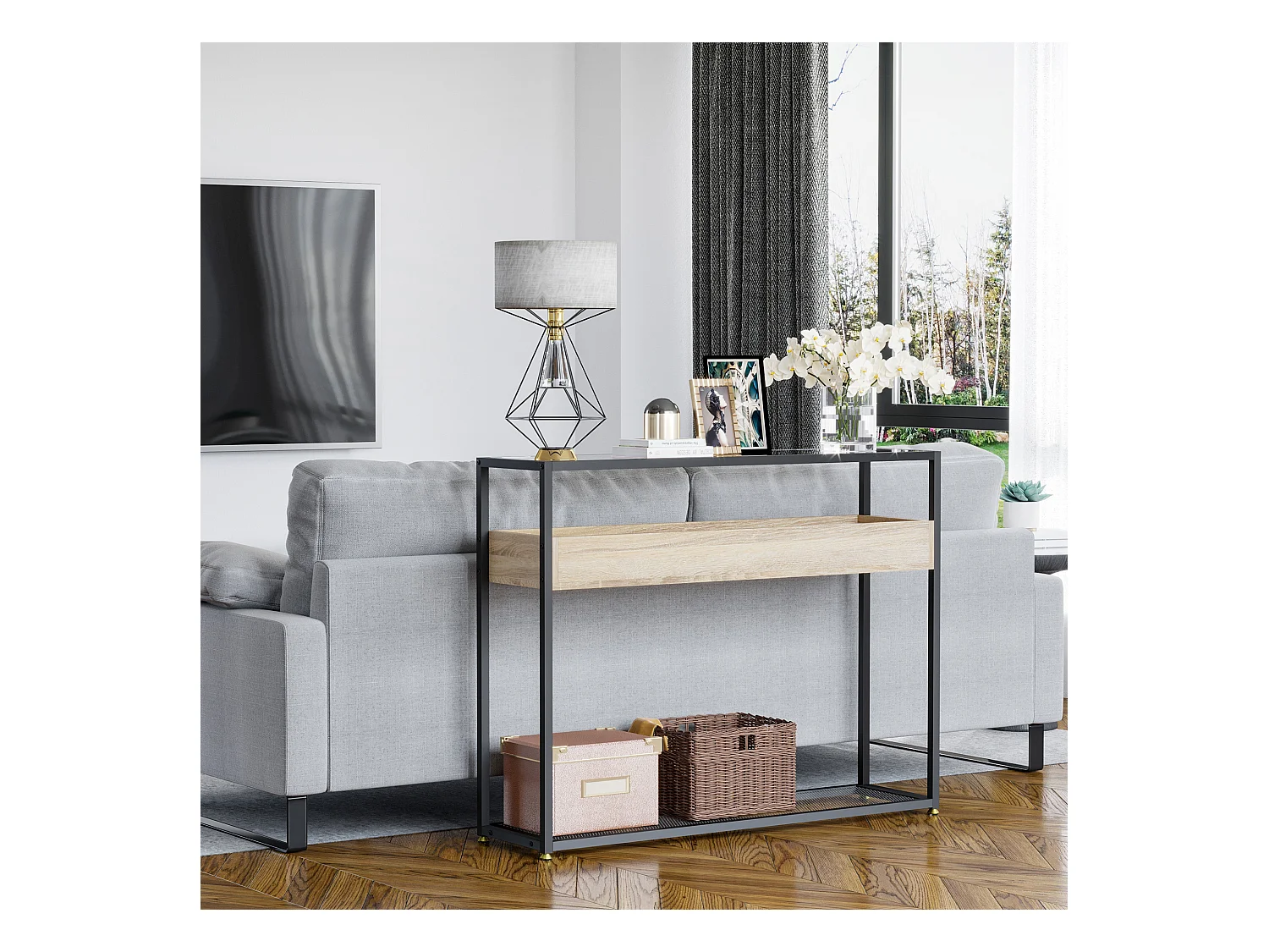 Console table d'appoint style contemporain plateau verre trempé 2 étagères aspect bois chêne clair grille métal noir