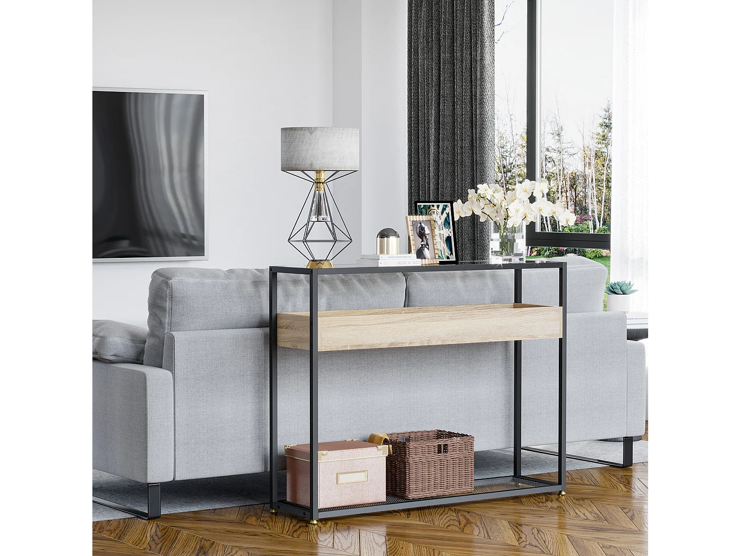 Console table d'appoint style contemporain plateau verre trempé 2 étagères aspect bois chêne clair grille métal noir