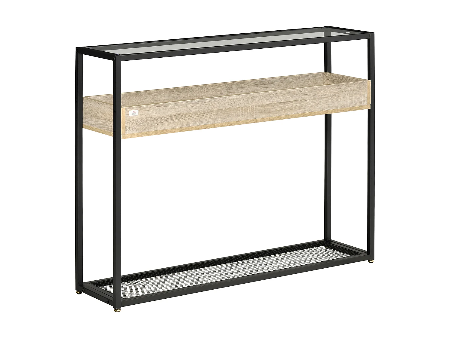 Console table d'appoint style contemporain plateau verre trempé 2 étagères aspect bois chêne clair grille métal noir