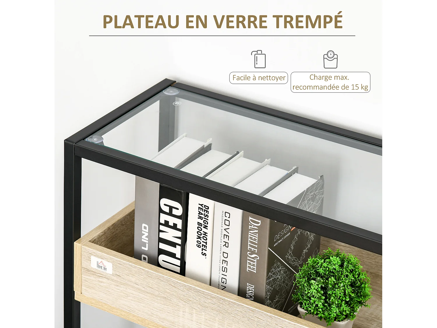 Console table d'appoint style contemporain plateau verre trempé 2 étagères aspect bois chêne clair grille métal noir