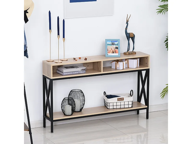 Table Console Table d'Entrée Industriel Multi-rangements 120 x 23,5 x 75 cm Bois Chêne