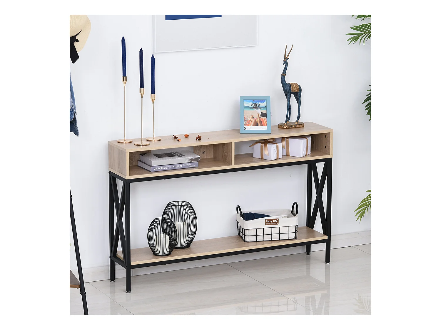 Table Console Table d'Entrée Industriel Multi-rangements 120 x 23,5 x 75 cm Bois Chêne