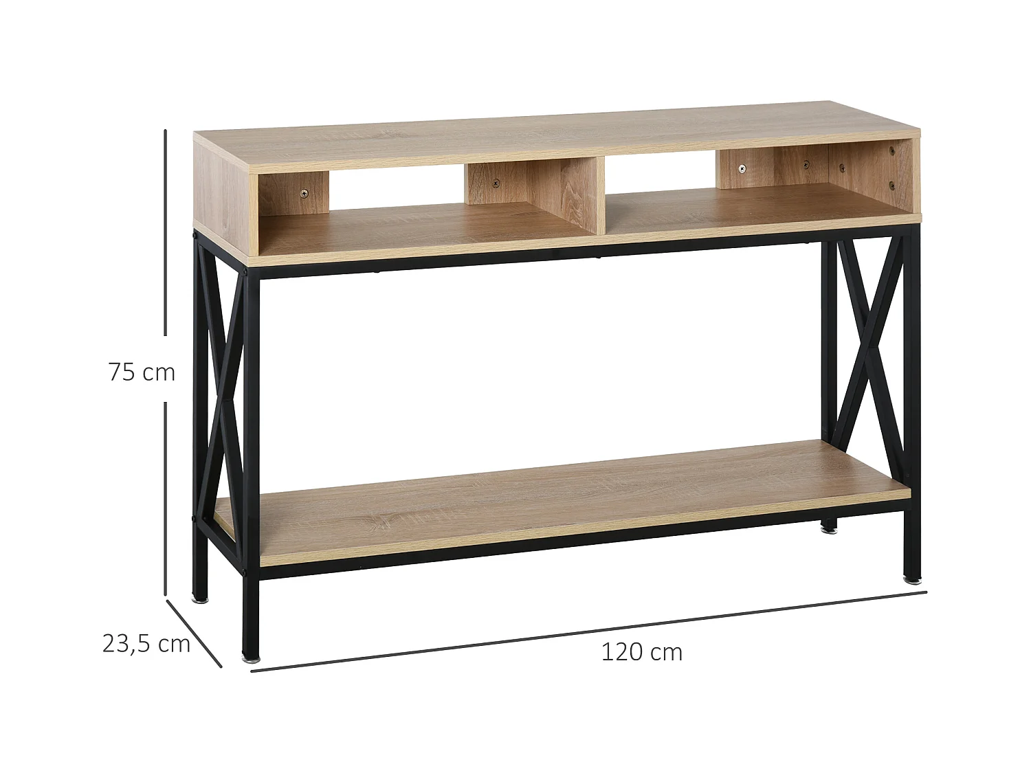 Table Console Table d'Entrée Industriel Multi-rangements 120 x 23,5 x 75 cm Bois Chêne