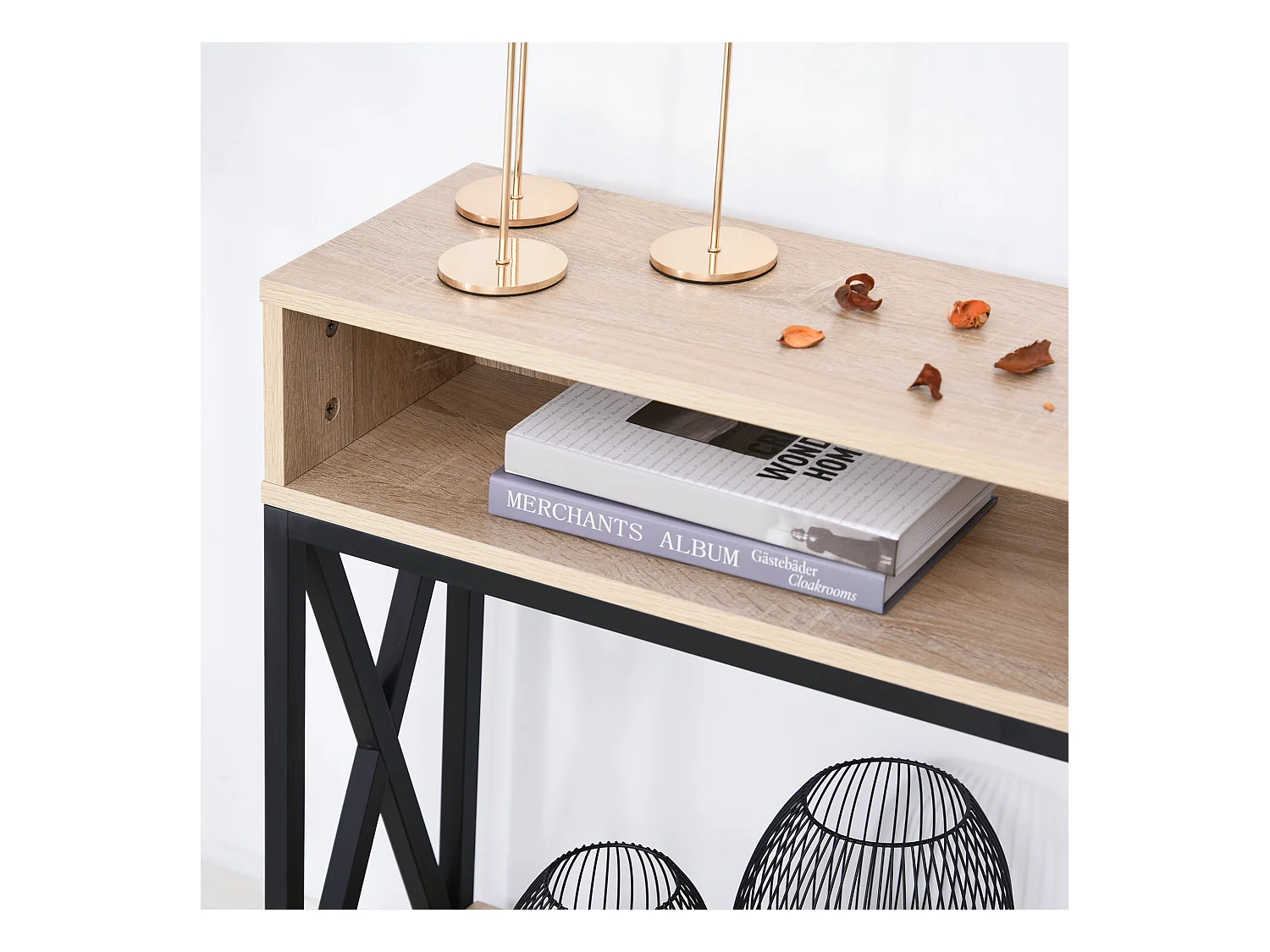 Table Console Table d'Entrée Industriel Multi-rangements 120 x 23,5 x 75 cm Bois Chêne