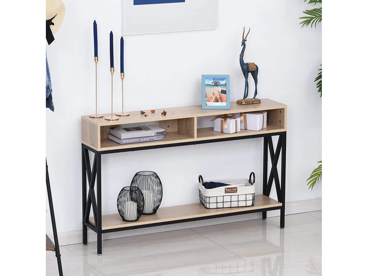 Table Console Table d'Entrée Industriel Multi-rangements 120 x 23,5 x 75 cm Bois Chêne