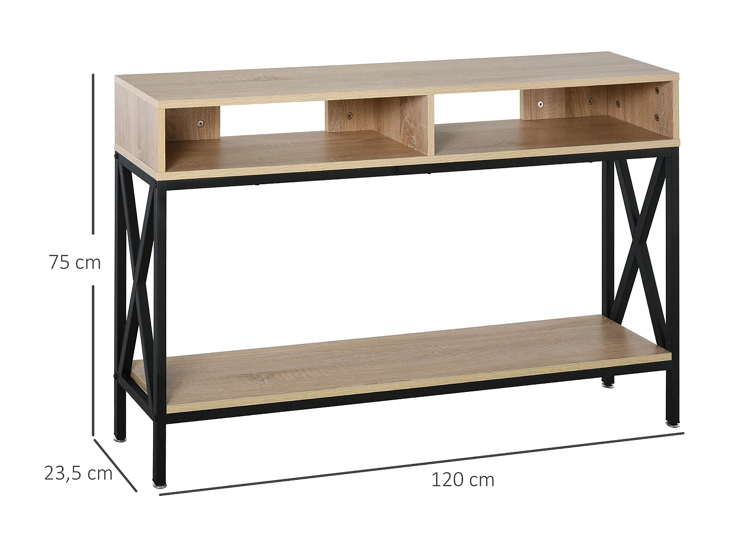 Table Console Table d'Entrée Industriel Multi-rangements 120 x 23,5 x 75 cm Bois Chêne