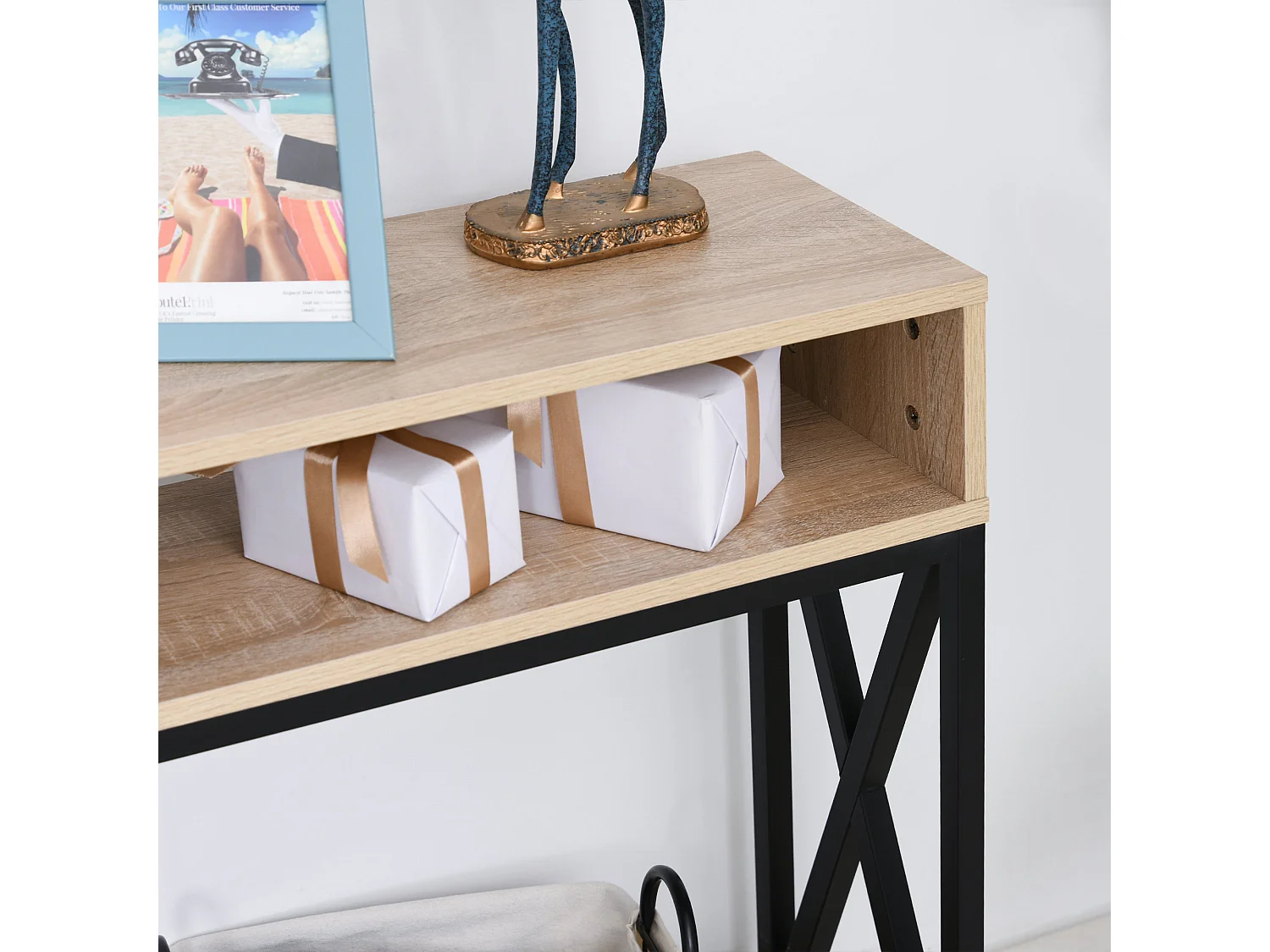 Table Console Table d'Entrée Industriel Multi-rangements 120 x 23,5 x 75 cm Bois Chêne