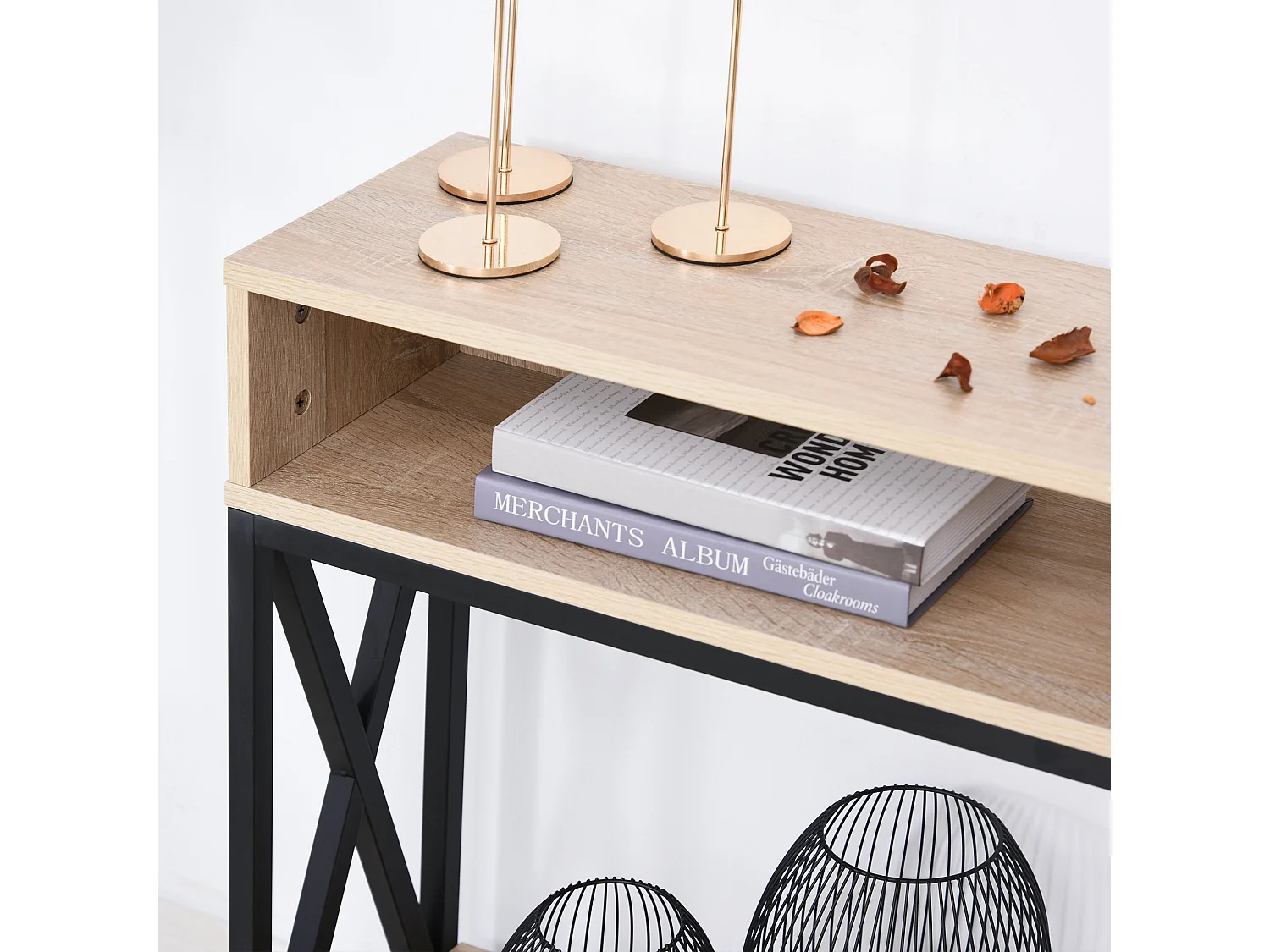 Table Console Table d'Entrée Industriel Multi-rangements 120 x 23,5 x 75 cm Bois Chêne