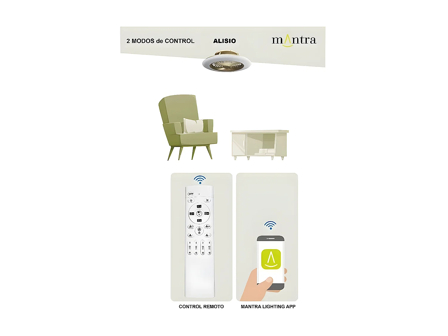 Ventilateur DC ALISIO blanc 63 cm led dimmable CCT réglable commande de distance