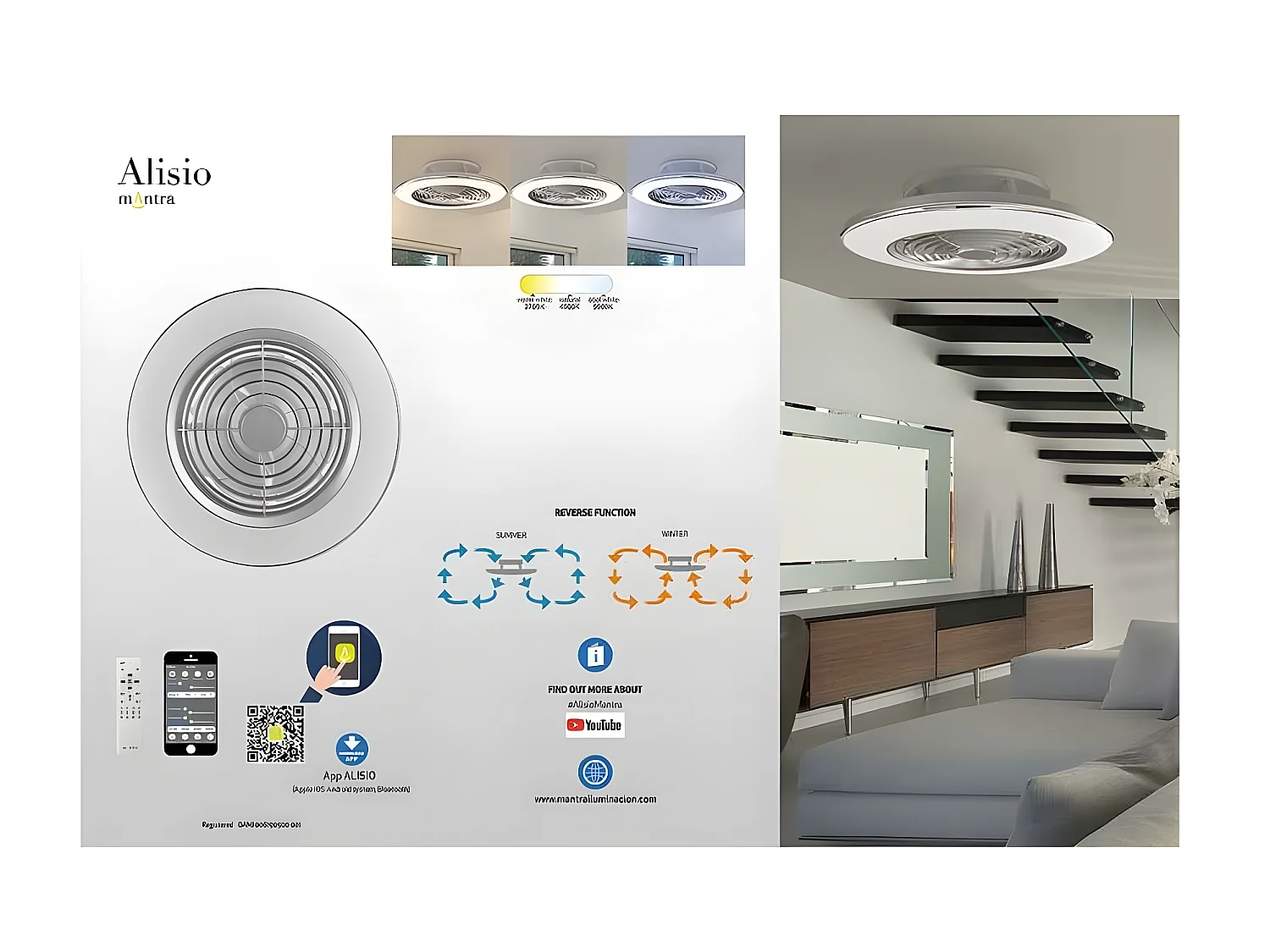 Ventilateur DC ALISIO blanc 63 cm led dimmable CCT réglable commande de distance