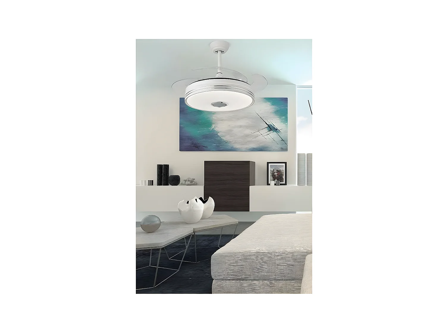 Ventilateur DC MATANUSKA blanc avec haut-parleur et connectivité Bluetooth