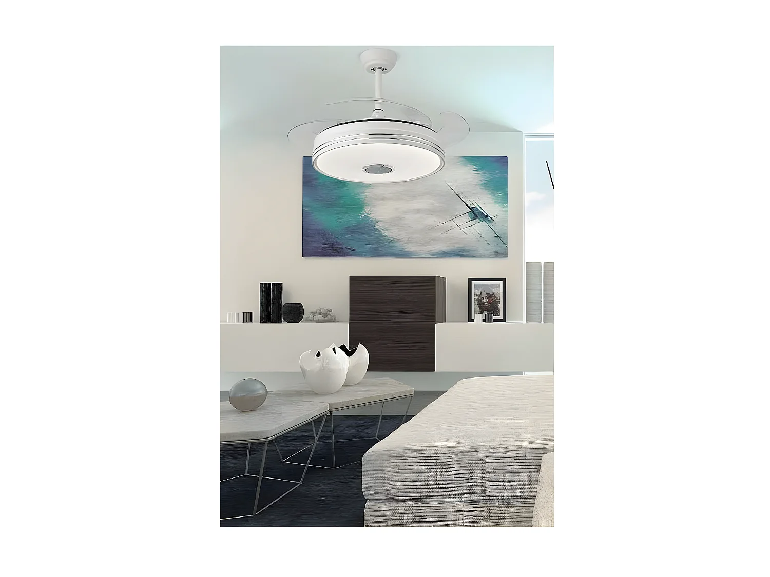 Ventilateur DC MATANUSKA blanc avec haut-parleur et connectivité Bluetooth