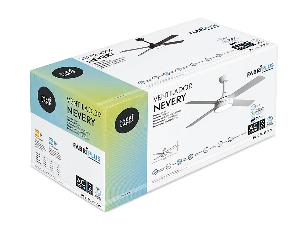 Ventilateur DC NEVERY blanc 122 cm LED 3 températures mémoire couleur Fabrilamp