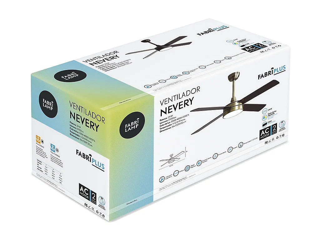 Ventilateur DC NEVERY doré 122 cm LED 3 températures mémoire couleur Fabrilamp