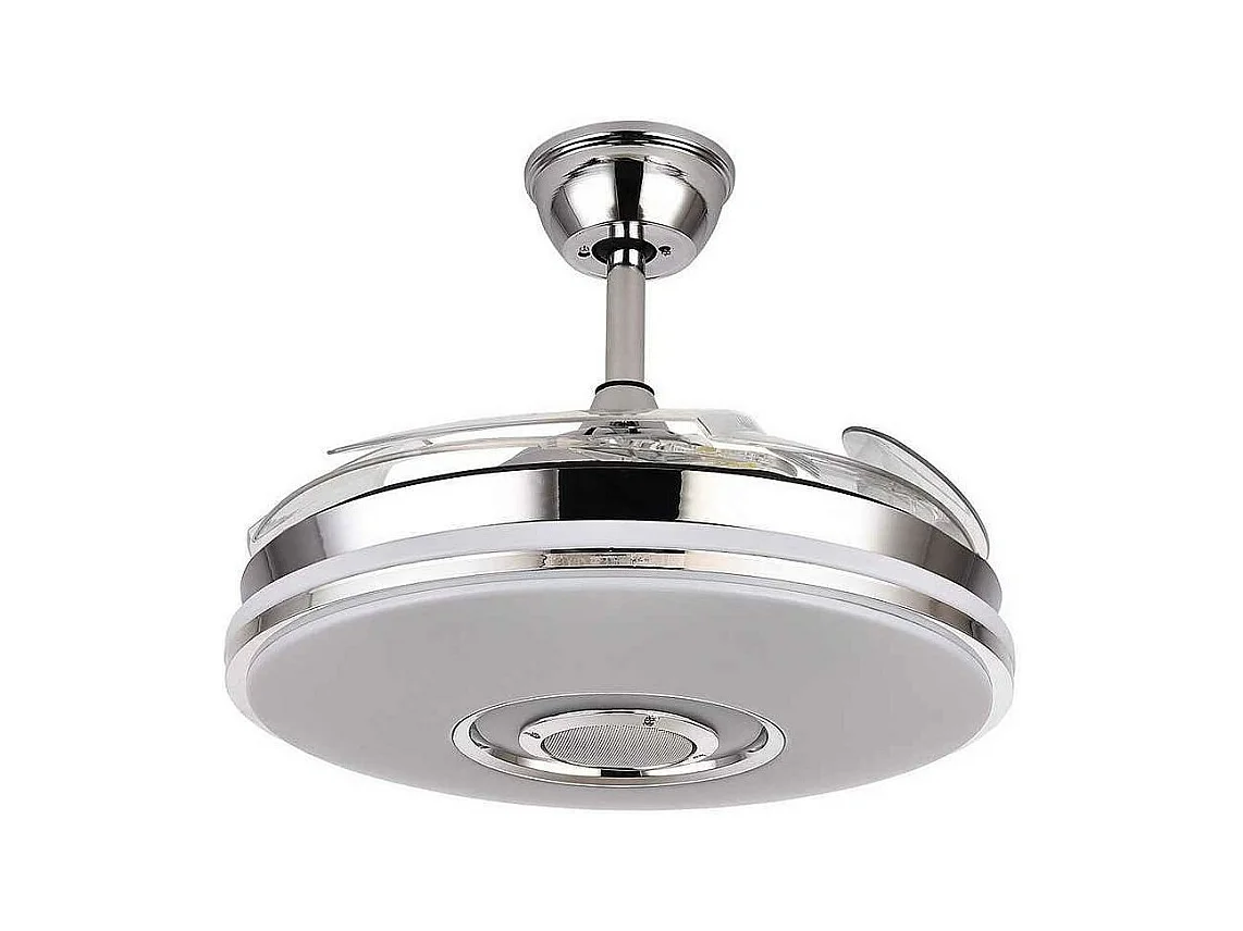 Ventilateur LED DC NOTO chromé avec haut-parleur et connectivité Bluetooth Fabrilamp