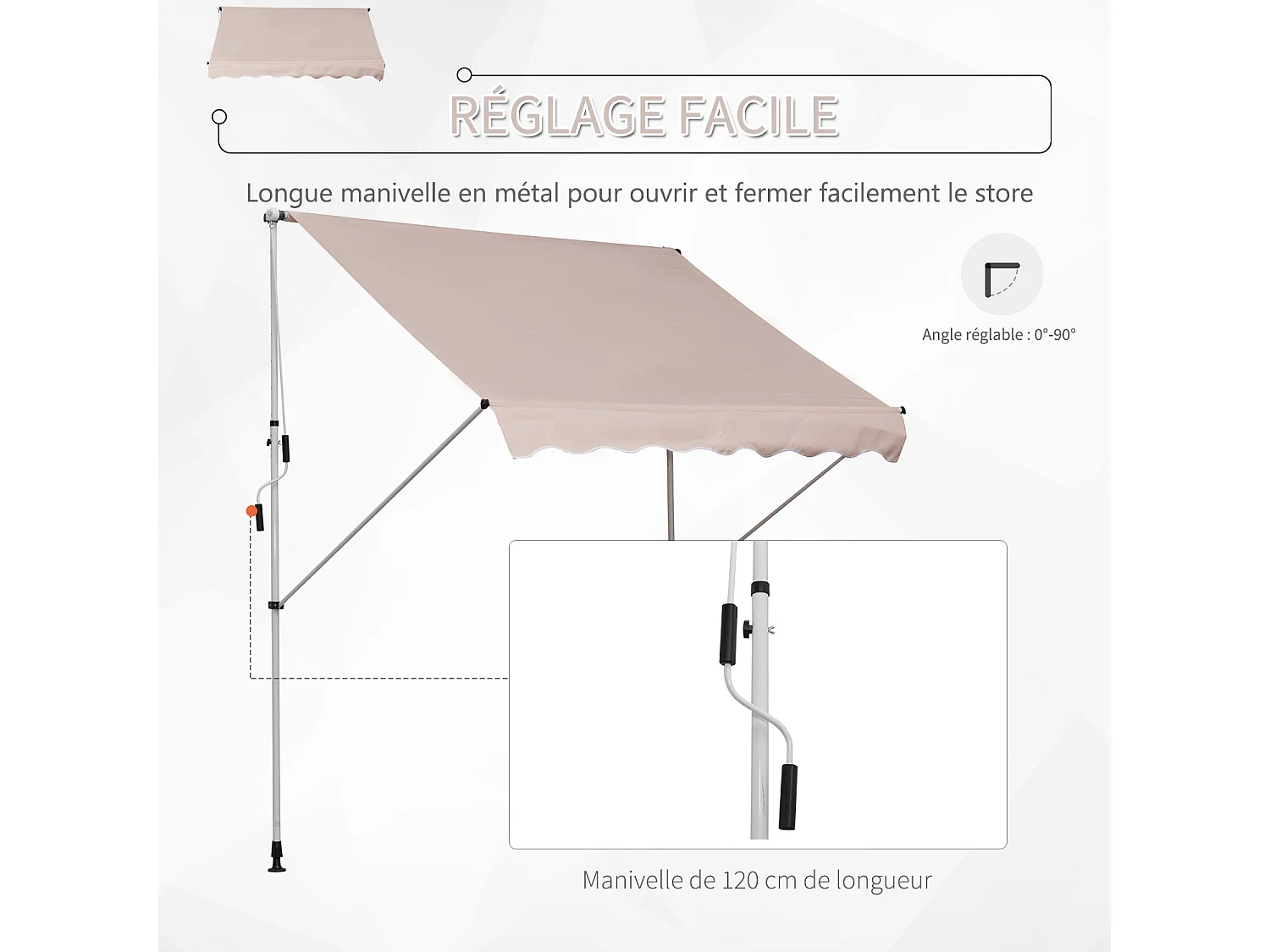 Store banne manuel rétractable 2L x 1,5l x 1,7-2,8H m inclinaison réglable installation rapide métal alu polyester beige
