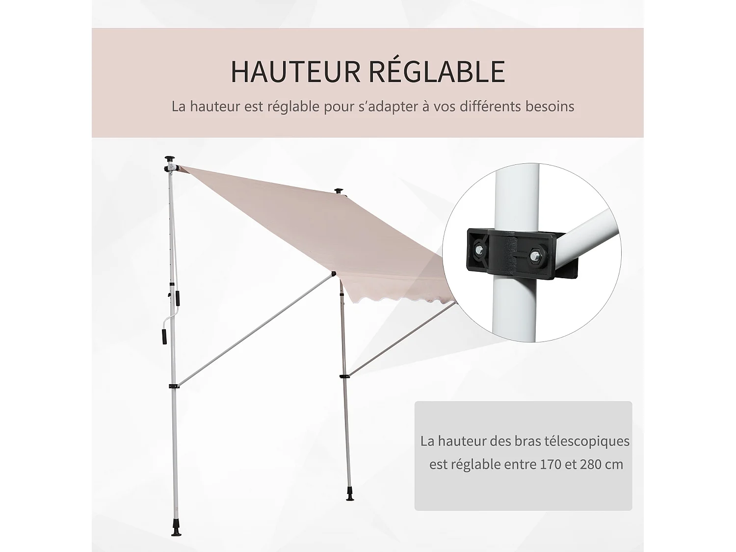 Store banne manuel rétractable 2L x 1,5l x 1,7-2,8H m inclinaison réglable installation rapide métal alu polyester beige