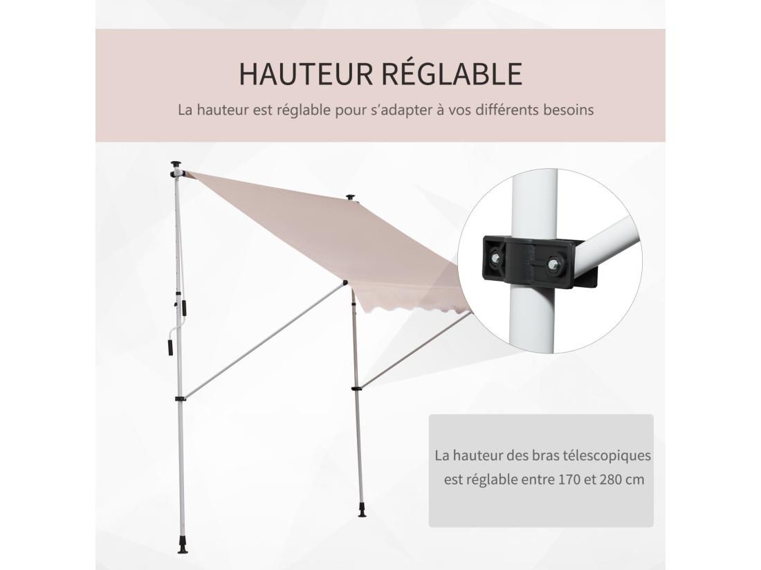 vente unique Store banne manuel rétractable 2L x 1 5l x 1 7-2 8H m inclinaison réglable installation rapide métal alu polyester beige