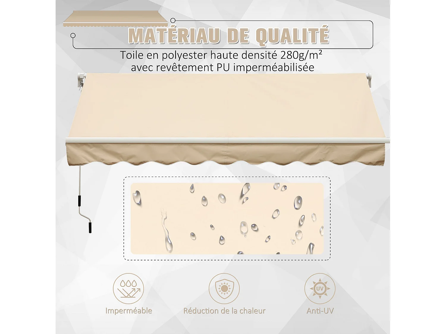Store banne manuel rétractable alu. polyester imperméabilisé haute densité 4 x 2,5 m beige