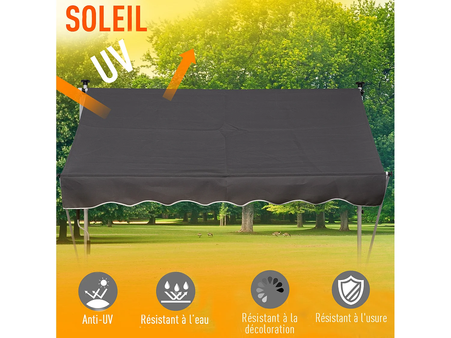 Store banne manuel rétractable 2L x 1,5l x 1,7-2,8H m inclinaison réglable installation rapide métal alu polyester gris