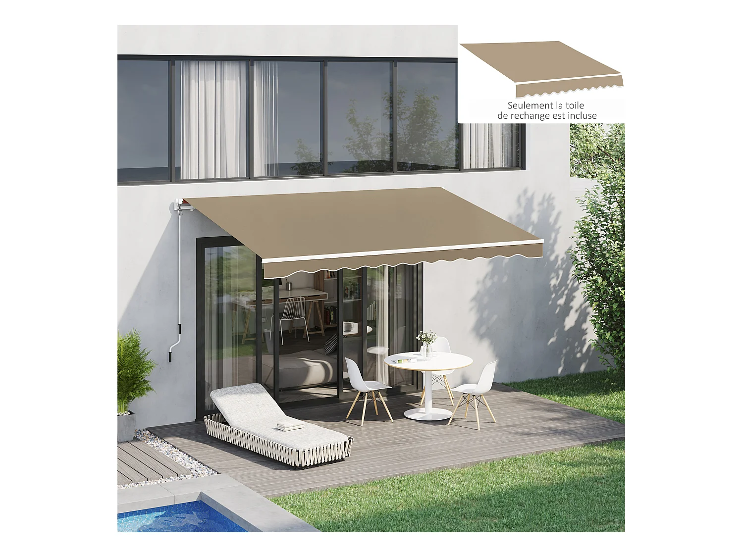 Toile de rechange store banne - lambrequin vagues douces - polyester haute densité 280 g/m² anti-UV dim. 3,82L x 2,4l (avancée) m café latte