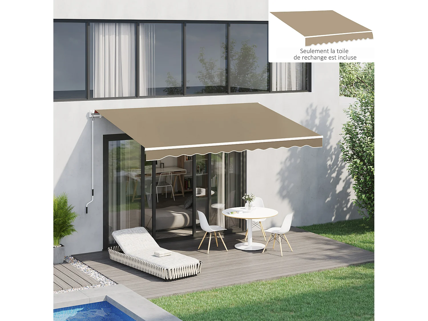 Toile de rechange store banne - lambrequin vagues douces - polyester haute densité 280 g/m² anti-UV dim. 3,82L x 2,4l (avancée) m café latte